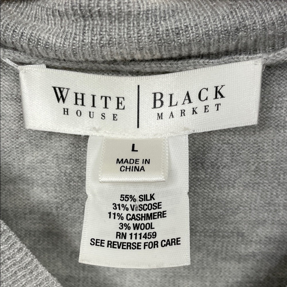 White House Black Market Silk Cashmere Gray Babydoll Smocked Women L V Neck Top - Picture 7 of 7